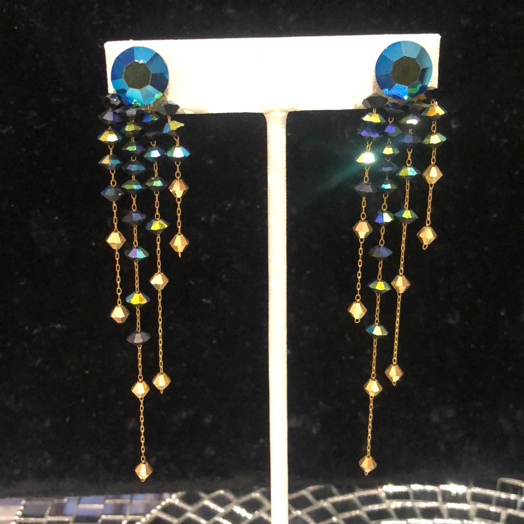 Amazing Jet Ab And Gold Crystals In Dainty Chains Earrings-Boutique